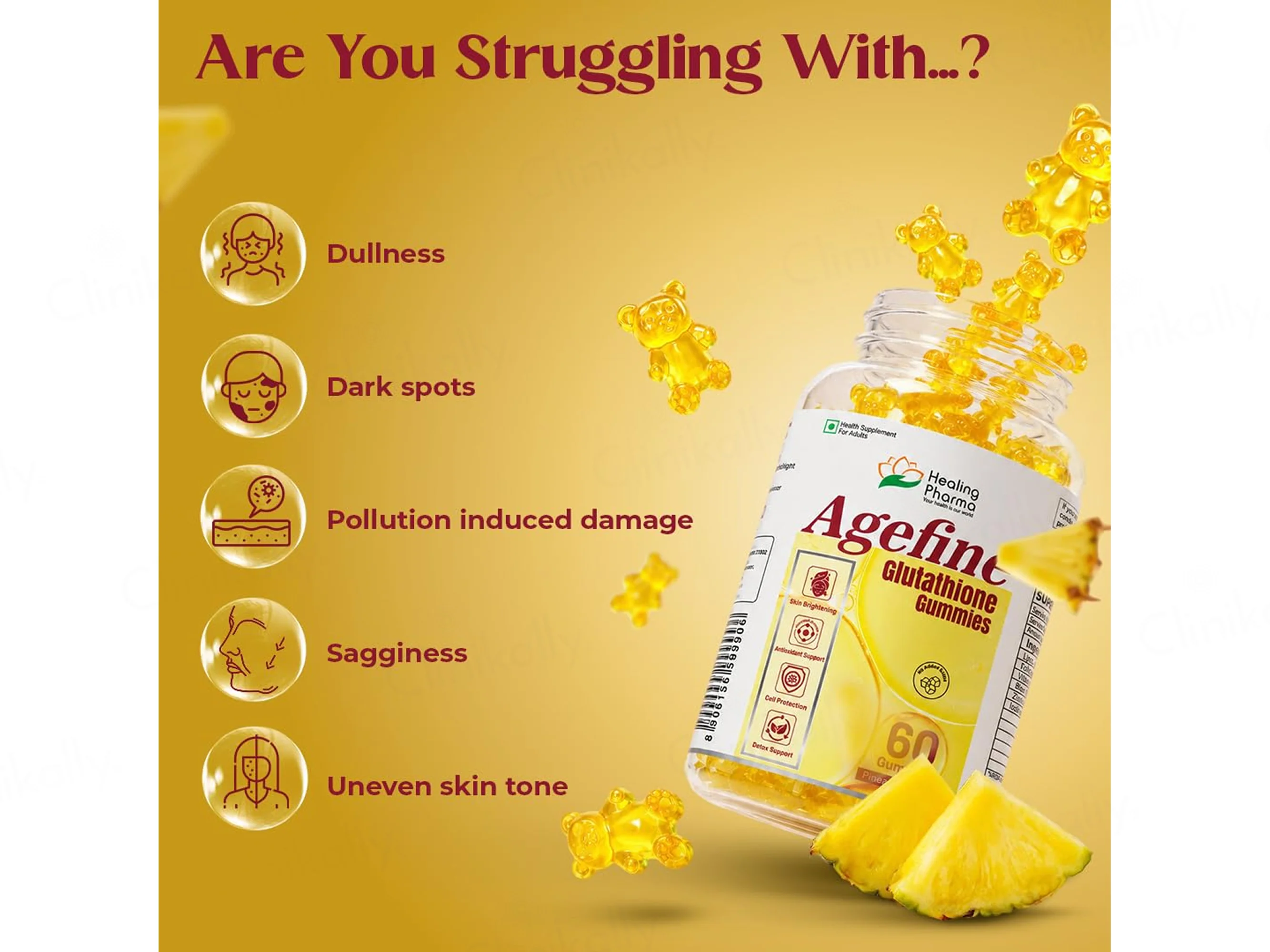 Agefine Glutathione Skin Brightening Gummies - Pineapple Flavour - Image 2