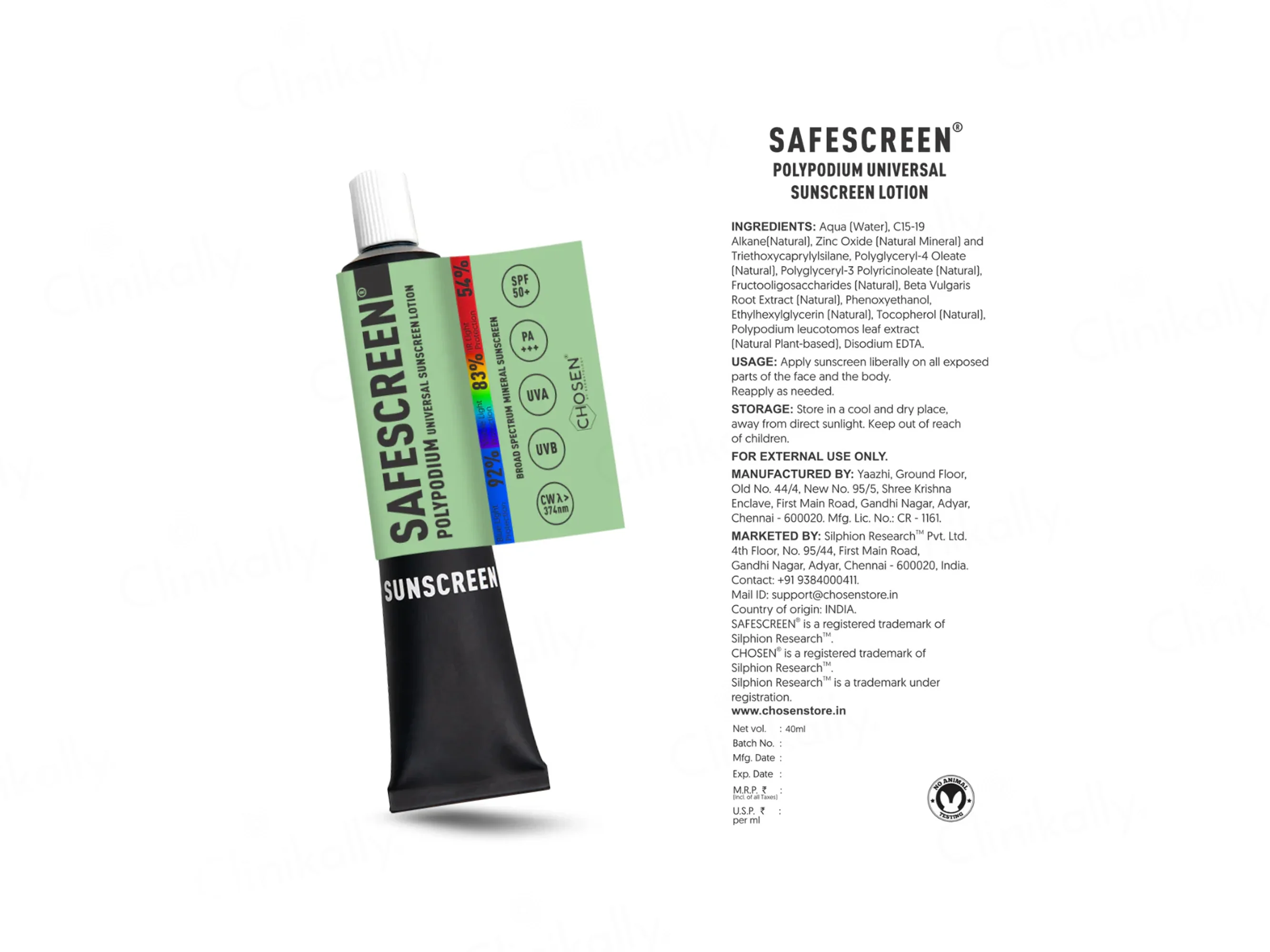 Chosen Safescreen Polypodium Universal Mineral Sunscreen Lotion SPF 50+ PA+++ - Image 5