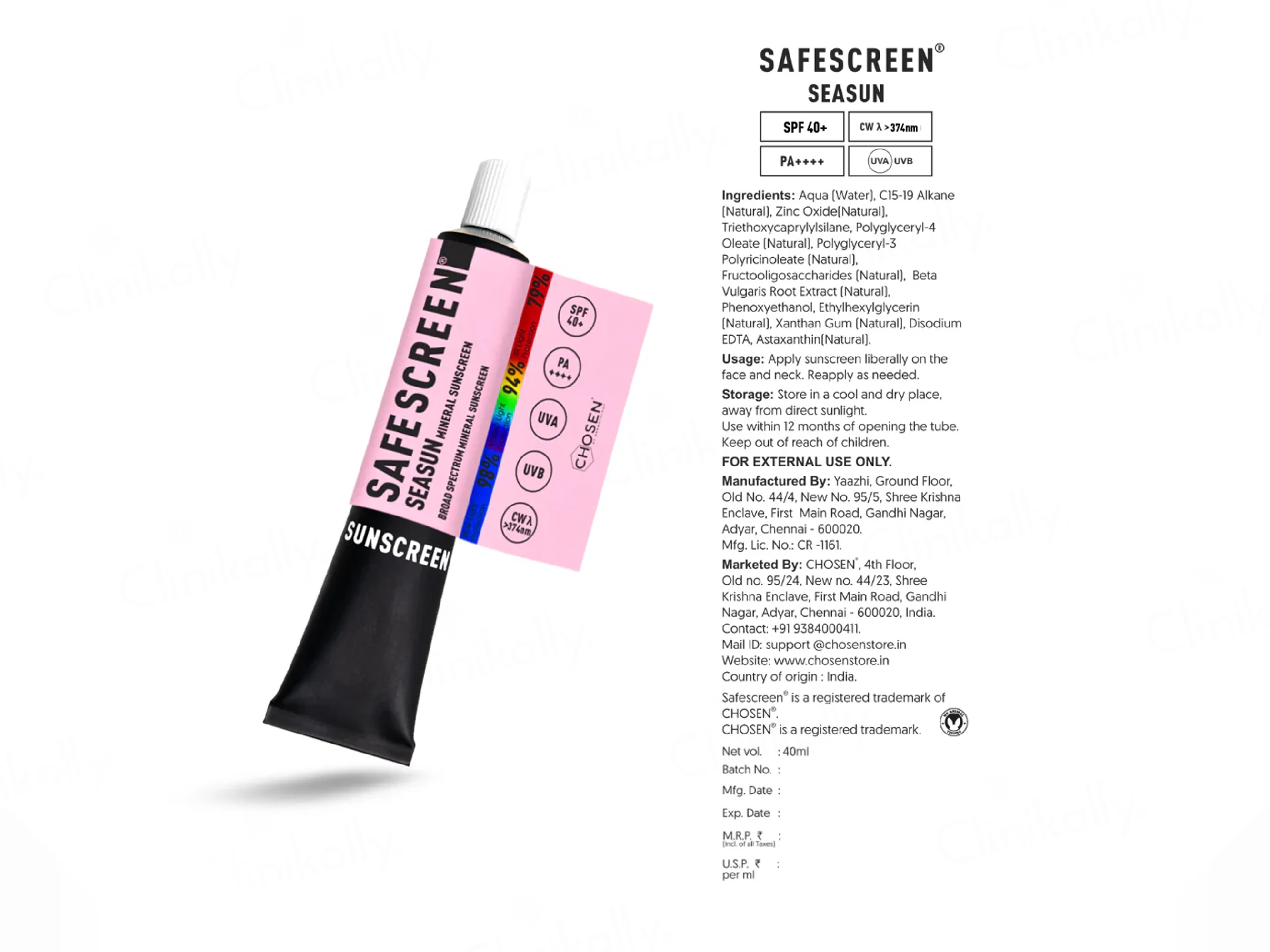 Chosen Safescreen Seasun Mineral Sunscreen SPF 40+ PA++++ - Image 5