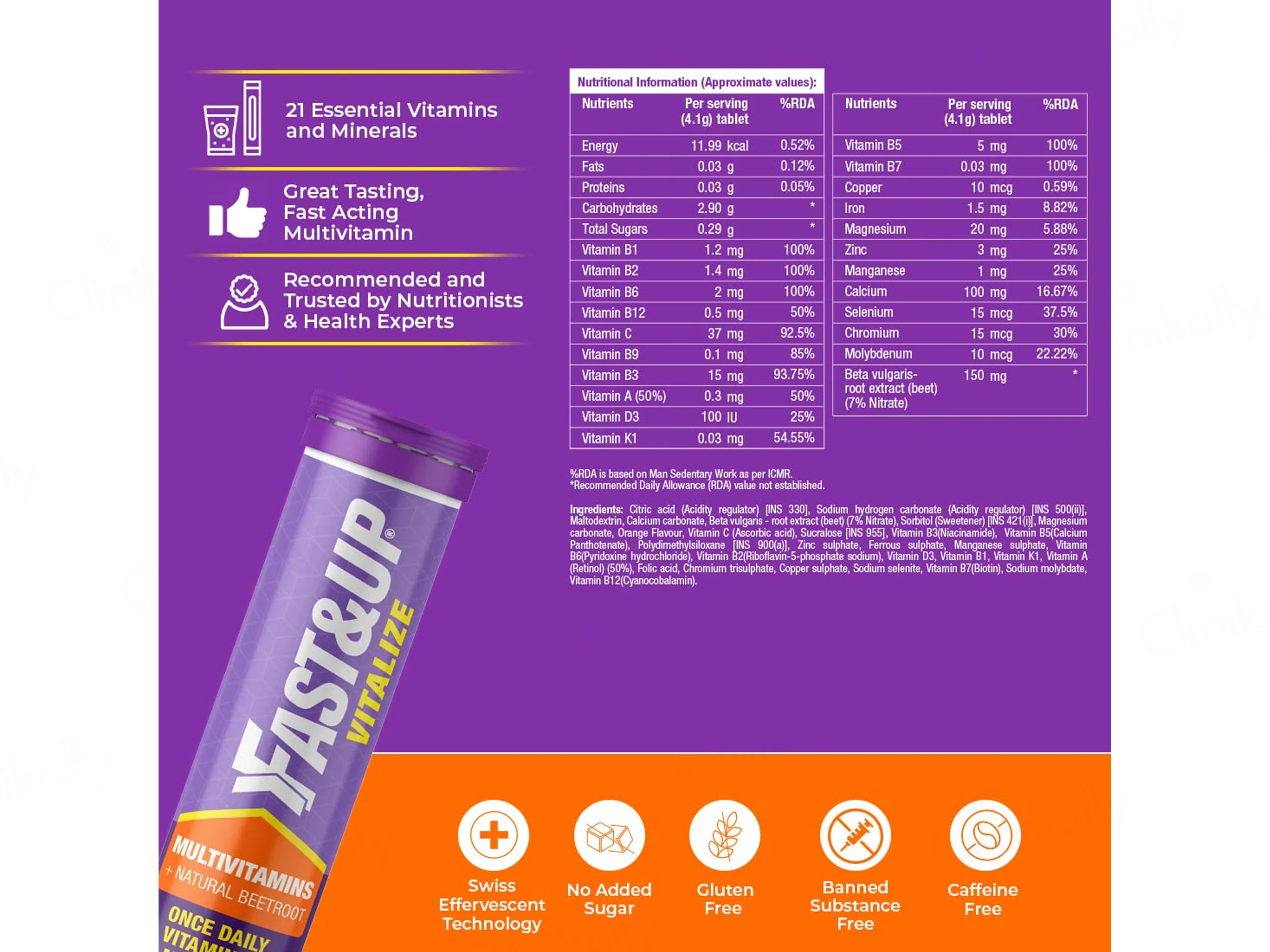 Fast&Up Vitalize Multivitamins + Beetroot Nutraceutical Effervescent Tablet - Orange Flavour - Image 5