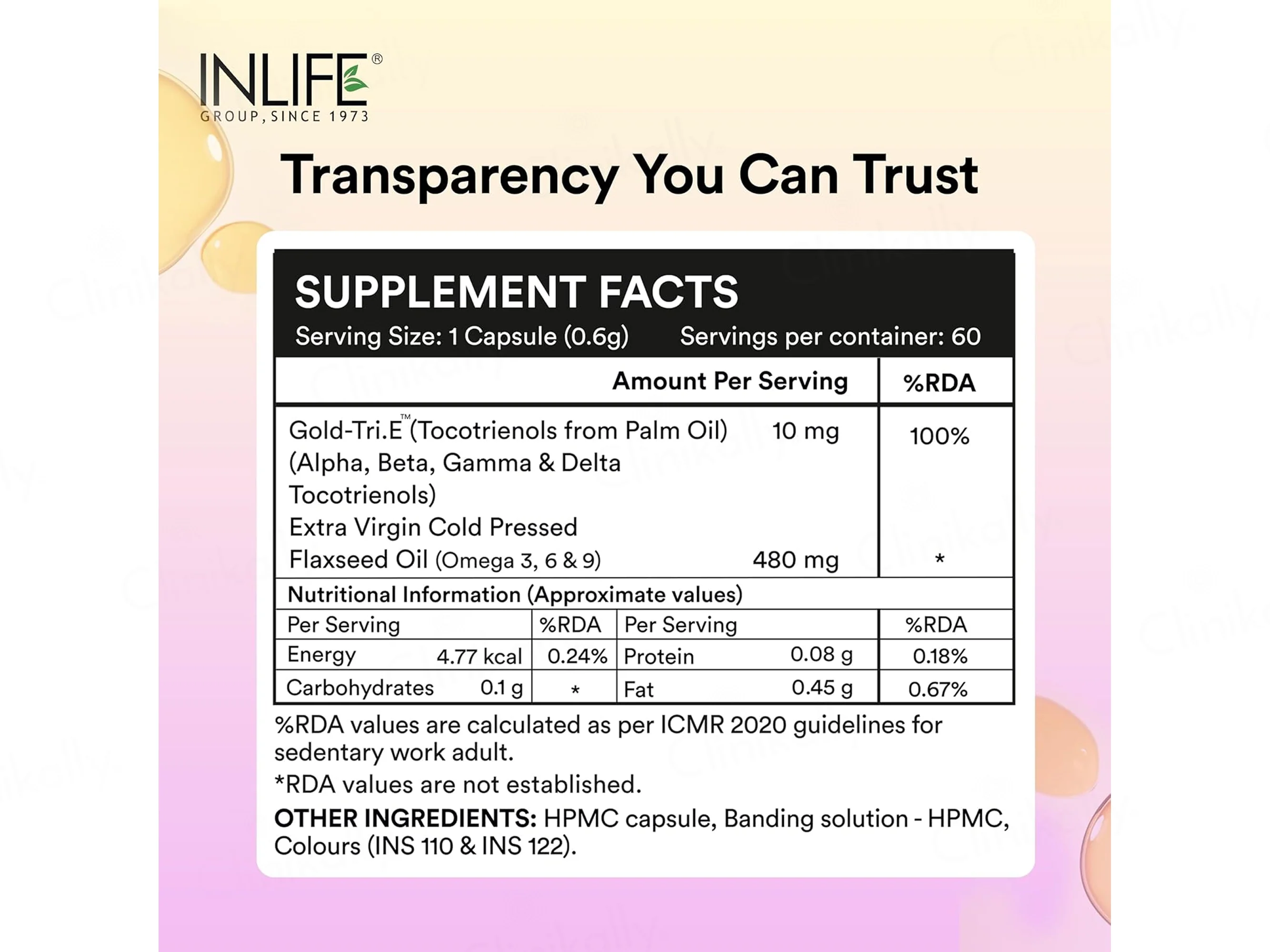 Inlife Gold-Tri.E Tocotrienol + Flaxseed Oil Liquid Filled Veg Capsule - Image 2