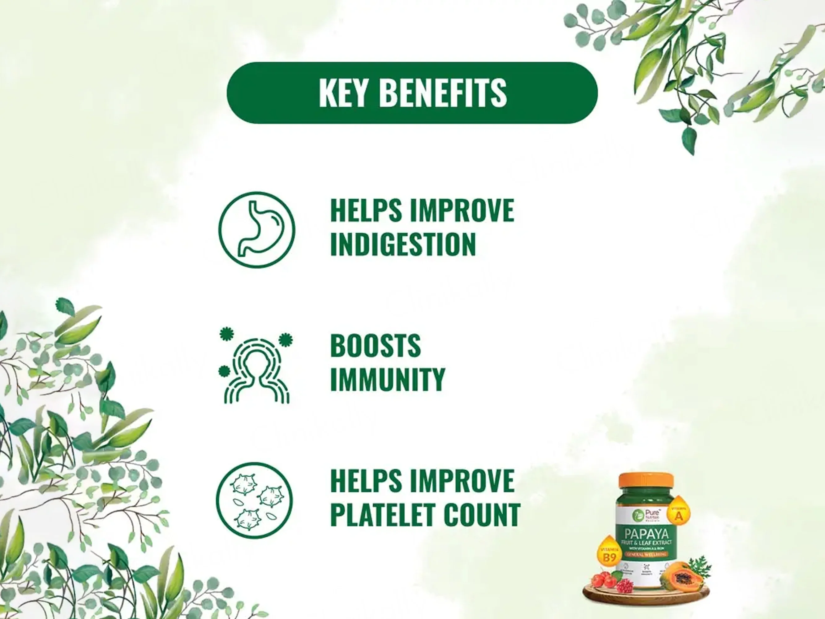 Pure Nutrition Papaya Fruit & Leaf Extract With Vitamin A & Iron Veg Tablet - Image 4
